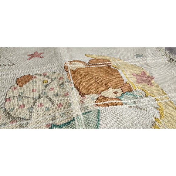 VTG Candamar Designs Finished Baby Afghan Cross Stitch Sleepy Teddy Bear Signed - Picture 5 of 14